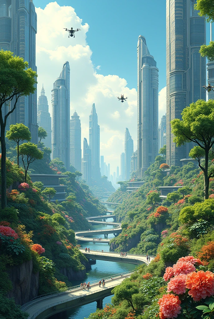 Make me an illustration of colored drawing for my project. It is about what you think for the environment in the future. Make it a lot of trees, plants, flowers, animals, but has building or infrastructure balanced.