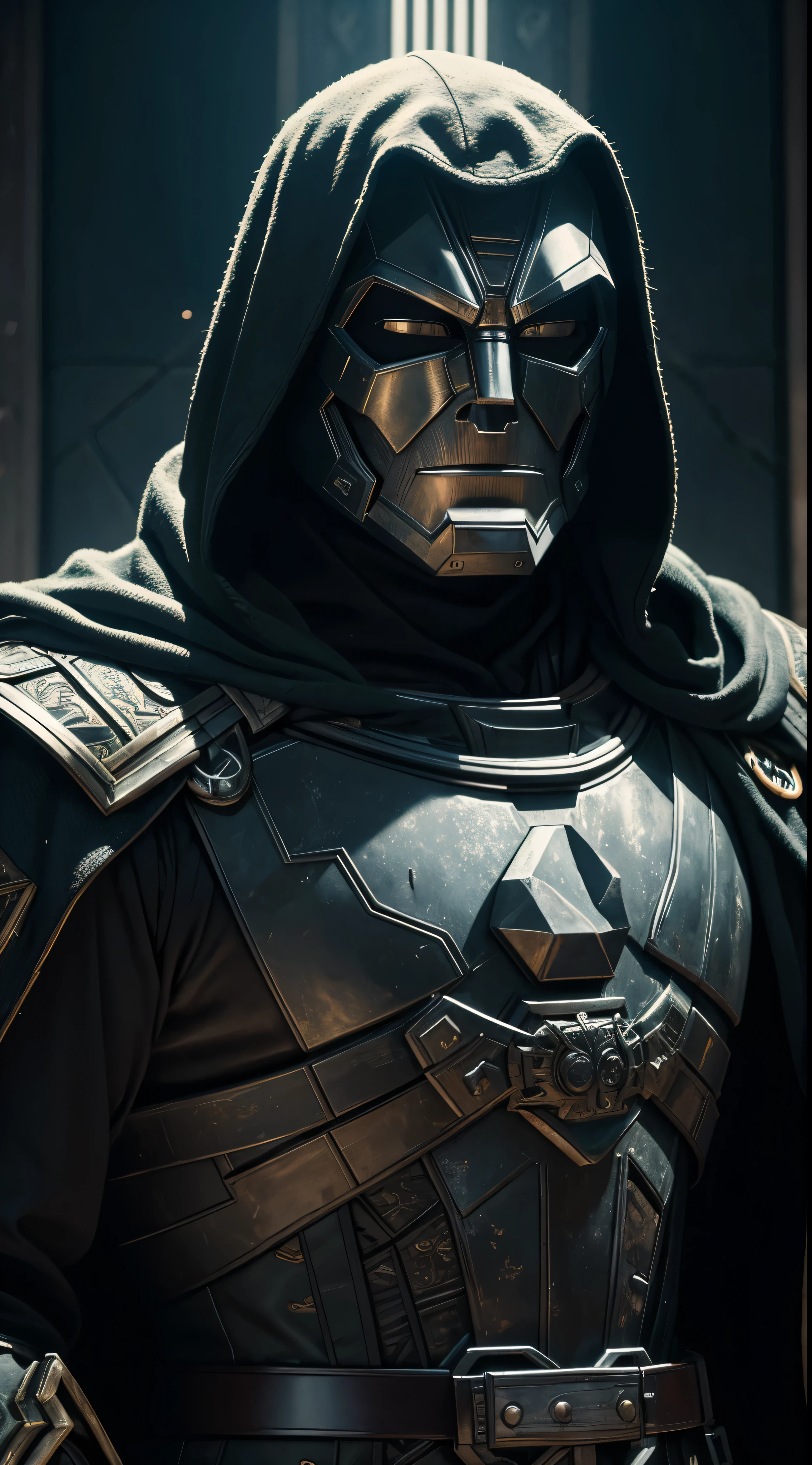 doctor doom, 35mm lens, photography, ultra-detailed, HDR, UHD, 8K, portraits, iconic metal mask, intricate armor, dynamic pose, dramatic lighting
