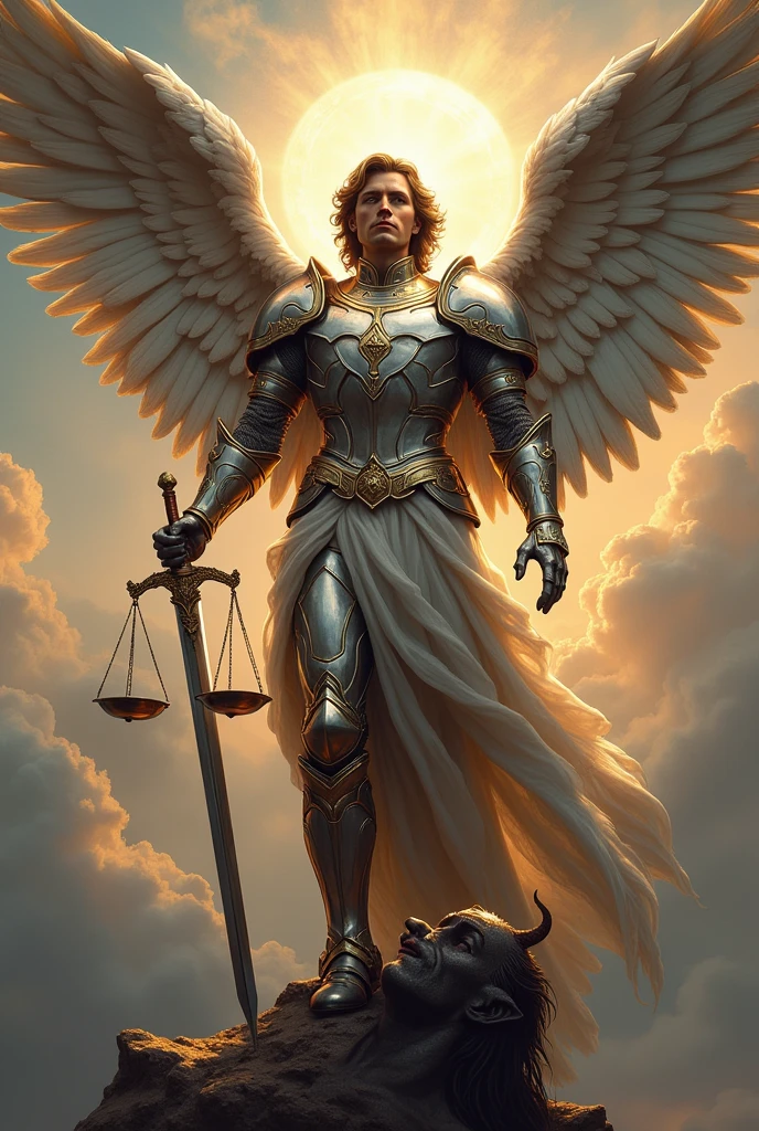 Imagine Saint Michael in shining armor that reflects the light, with intricate details in the metal. His face is serene but powerful, with eyes that convey determination and compassion. In one hand he holds a shining sword, while in the other there is a scale, symbolizing justice. The wings are majestic, with feathers that look almost real, With his foot he supports the head of a defeated demon, capturing the light spectacularly.. The background could be a dramatic sky, with clouds adding a touch of majesty to the scene.