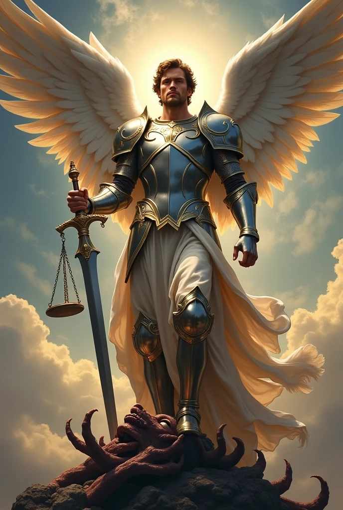 Imagine Saint Michael in shining armor that reflects the light, with intricate details in the metal. His face is serene but powerful, with eyes that convey determination and compassion. In one hand he holds a shining sword, while in the other there is a scale, symbolizing justice. The wings are majestic, with feathers that look almost real, With his foot he supports the head of a defeated demon, capturing the light spectacularly.. The background could be a dramatic sky, with clouds adding a touch of majesty to the scene.