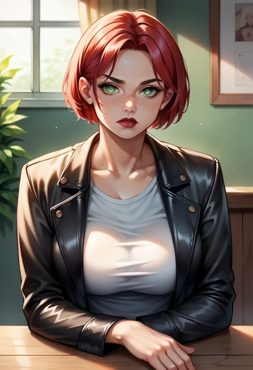 (high-level image quality), (high quality), (high resolution), (detailed), (masterpiece), beautiful woman, ((caucasian)), green eyes, red hair, short hair, dark red lipstick, busty, slender body, Detailed eyes, perfect eyes, Detailed face, portrait, serious, leather pants, black coat, leaning in table, dark room, nsfw