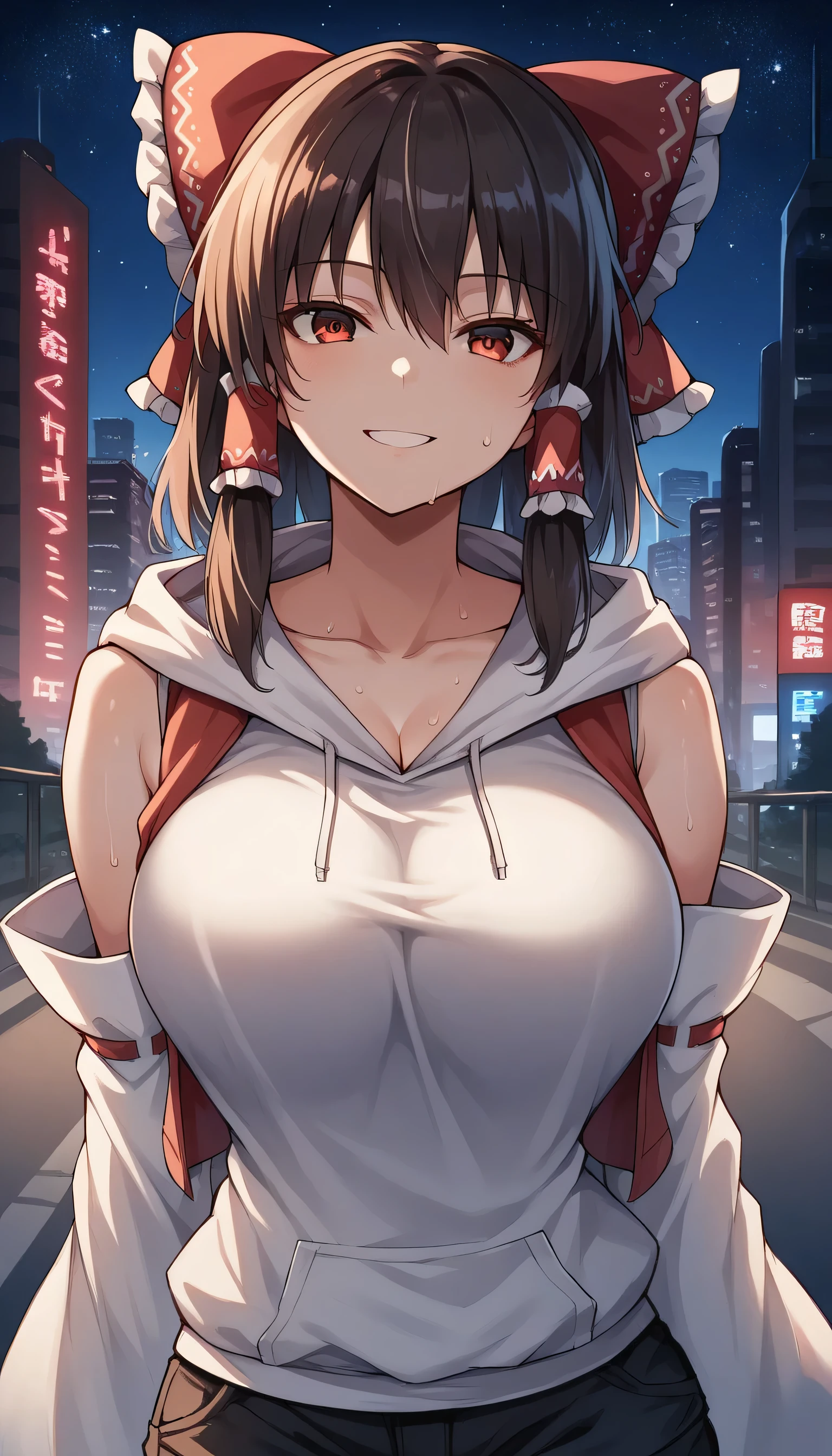 headphones, city, building, skyscraper, cityscape, earmuffs, night, 1girls, female focus, star \(sky\), solo, shoes,  street, city lights, outdoors, sky, hoodie, shorts, starry sky, night sky, sneakers, skyline, hood, road, tower,Looking at the viewer,large breast,breasts, 1girl, breast, solo, smile, sweat, collarbone, upper body, large breasts, close-up,hakurei_reimu,1girl,solo,detached sleeves,hair bow,red bow,ascot,hair tubes,