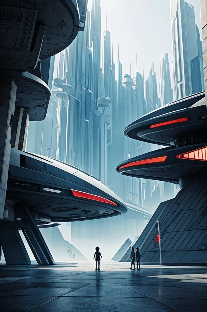 Drawing where children are in a fantastic futuristic world 