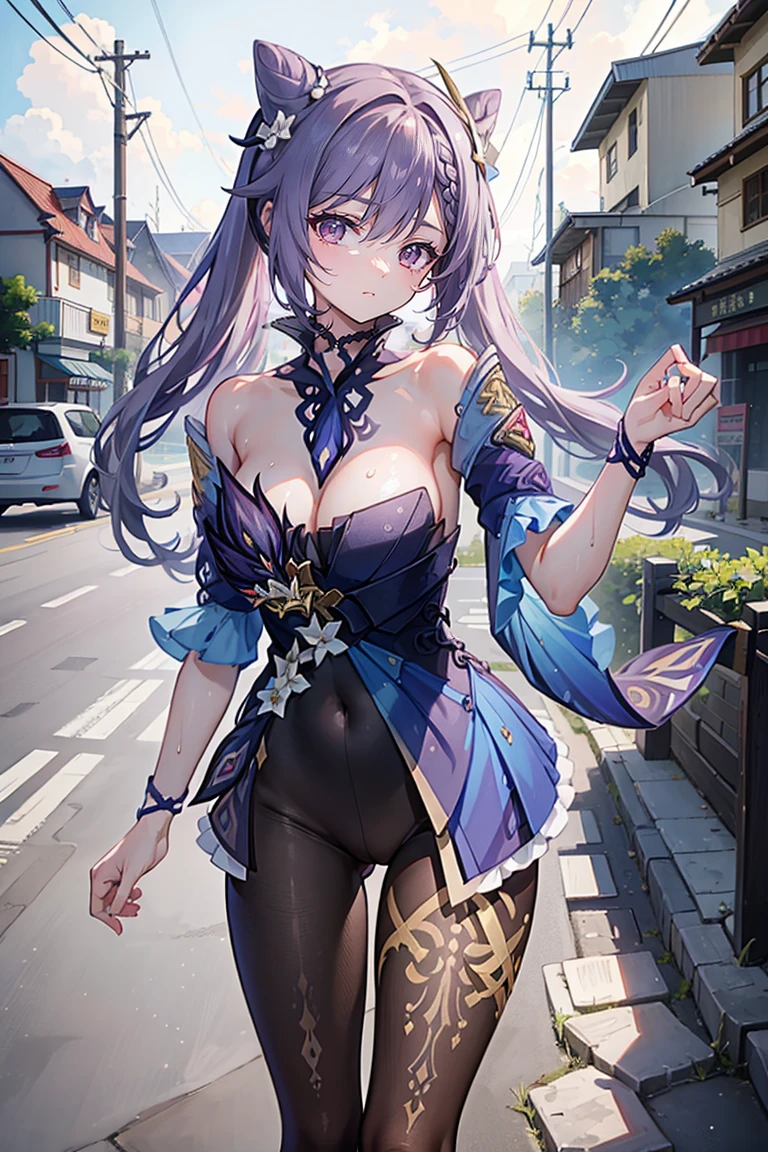 (masterpiece)1 girl, Keqing, Genshin Impact, best quality, Expressive eyes, Perfect face, full-body shot, Smile, blush, , outdoors,, Watching ,, Watching at viewer, , Mood lighting,Long legs,street,Sexy Lingerie,Damp clothes,Cleavage,Wet,Standing,butt,naked breast,naked legs,up body,