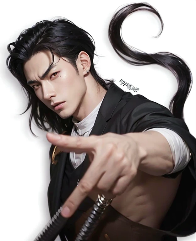 There is a man with black hair and a ring on his finger.., Handsome boy in Demon Slayer art, High quality fanart, handsome japanese demon boy, trigger anime art style, Murata and Artgerm range, Cai Xu Kun, guweiz style artwork, demon slayer rui fanart, realistic anime art style, handsome anime pose, by Yang J