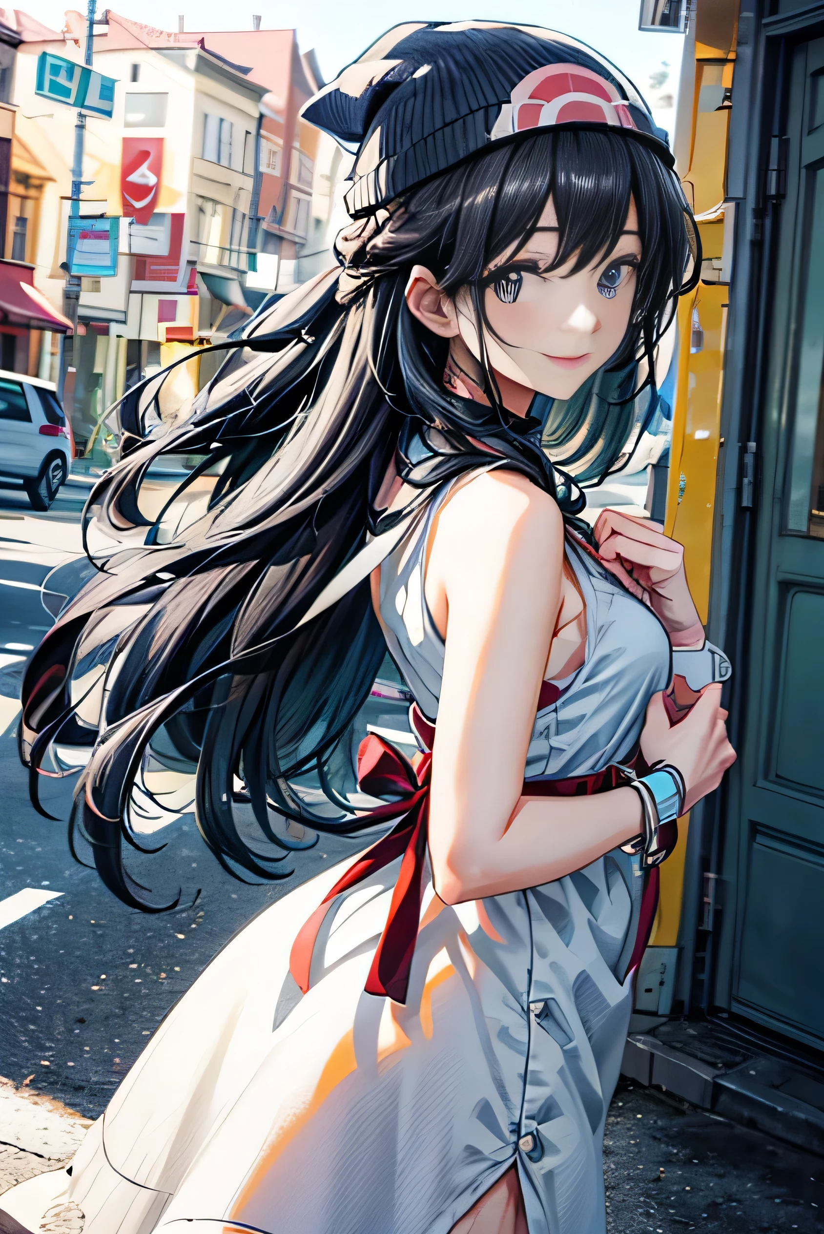 masterpiece,Highest quality,One person,dawn \(Pokemon\),Long Hair,blue eyes,Dark blue hair,Beanie,hairpin,smile,Open your mouth,(Close one eye:0.9),White sundress,Long dress,From behind,street,sunlight,town,(figure:0.8), (Beautiful attention to detail:1.6), Highly detailed face, Perfect lighting, Highly detailed CG, (Perfect hands, Perfect Anatomy), Whole body image, ((chest wide open and exposed)), (smile), Show the side,Are standing