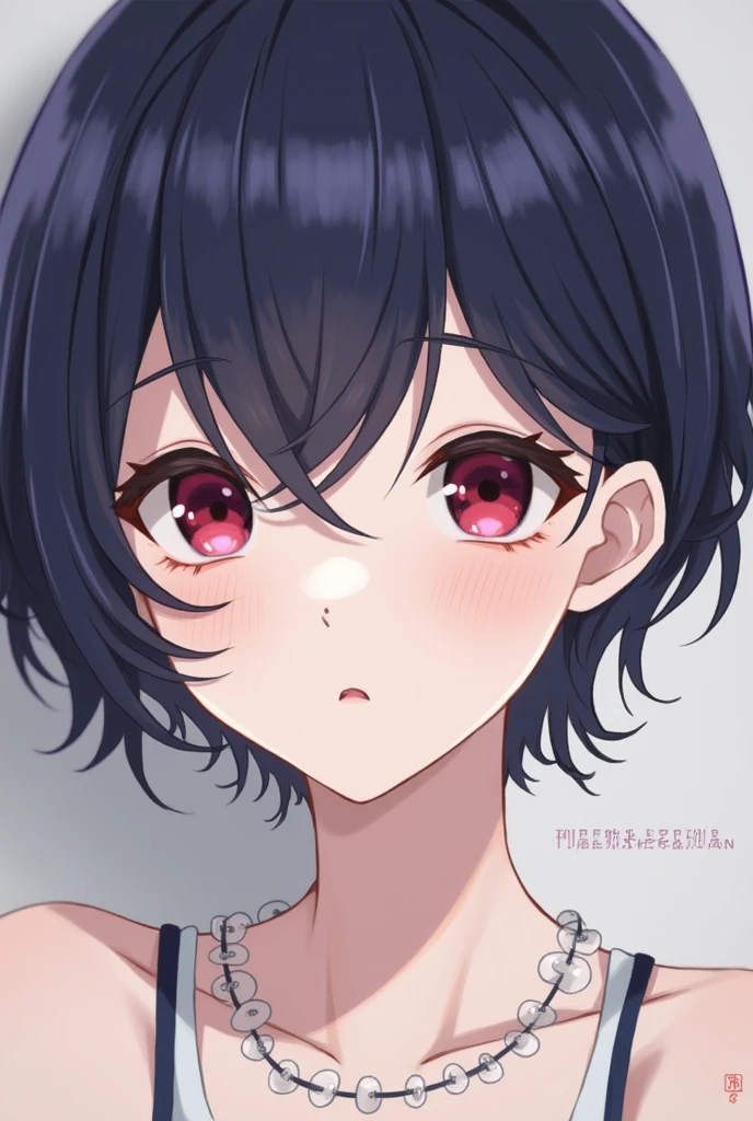 Yuzuru has dark fuchsia eyes and short navy blue hair that is lightly curled at the ends and cut just below her ears.. He also has a mole under his right eye..