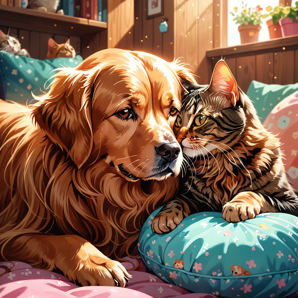 "Create a heartwarming wallpaper featuring a pair of pets, like a dog and a cat, sharing a sweet moment. The design should include elements like playing together or cuddling, with a cozy background and soft, pastel colors to enhance the adorable and loving theme."
High resolution, masterpiece, accurate, bestquality, High detail, high quality, Very detailed, dark,longhairVery detailed, Ultra high definition,