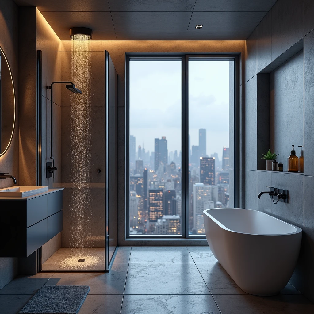 Create a beautiful shower for me in a New York penthouse with a nice view and LED lights.