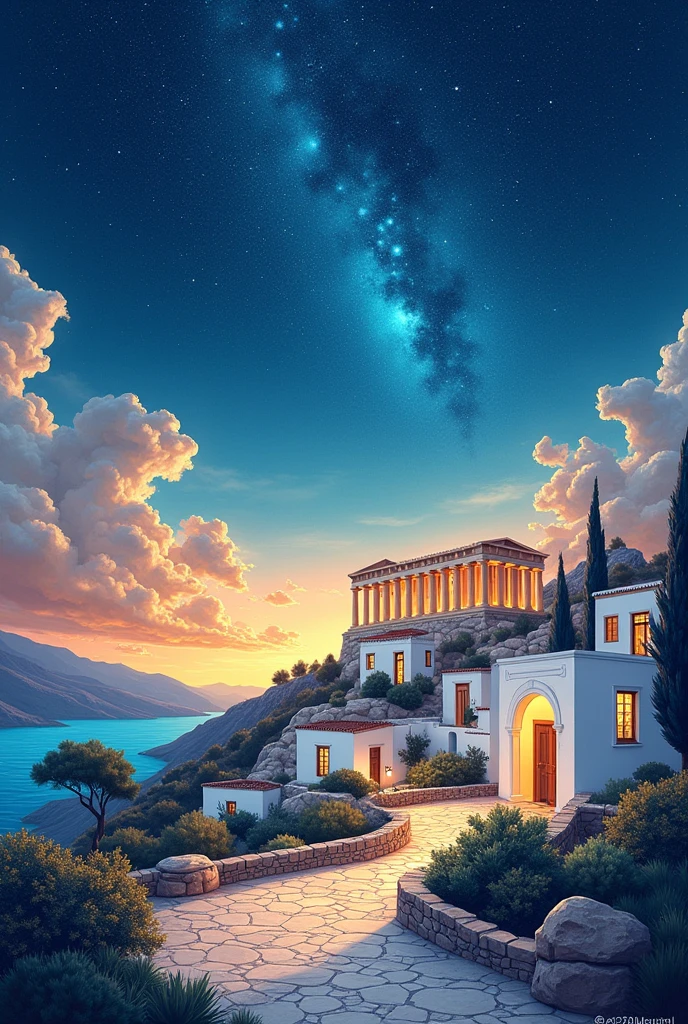 Drawing of Greece with a starry background