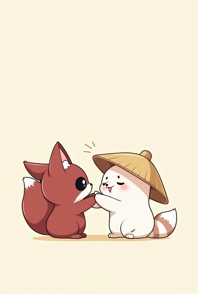 A chibi anime cartoon drawing of a small white ferret wearing a Chinese straw hat, with white bands around the front legs and one around the neck. Alongside a dark red fox wearing a black eye patch on its left eye