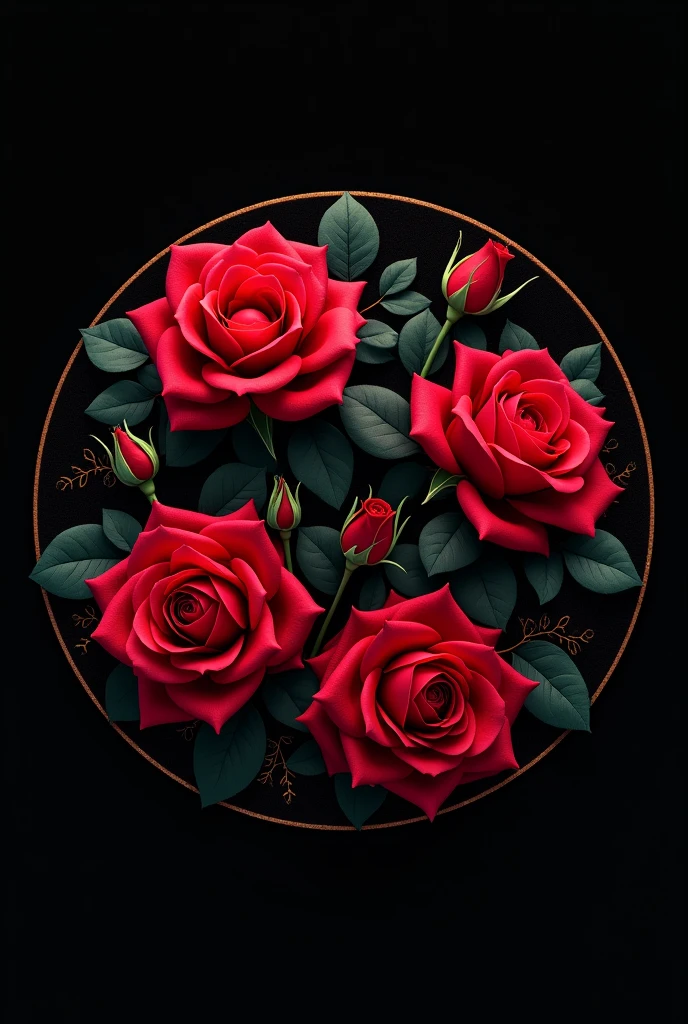 I want a circular logo with red roses on a black background, if it has gold it's much better, eye-catching, beautiful, spectacular