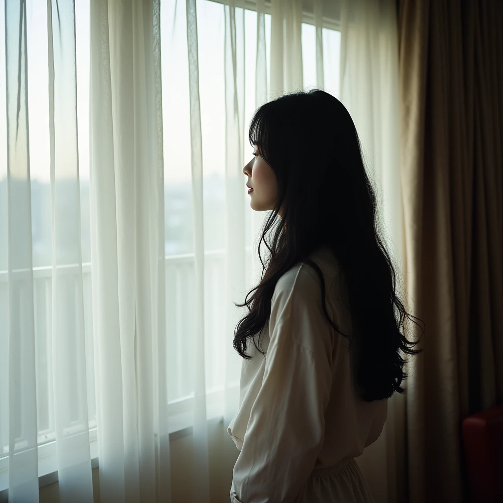 by the window where the curtains are swaying　A Japanese woman in her late 20s with black long hair２０in her late 20sと薄い赤色の髪をした　２０in her late 20s