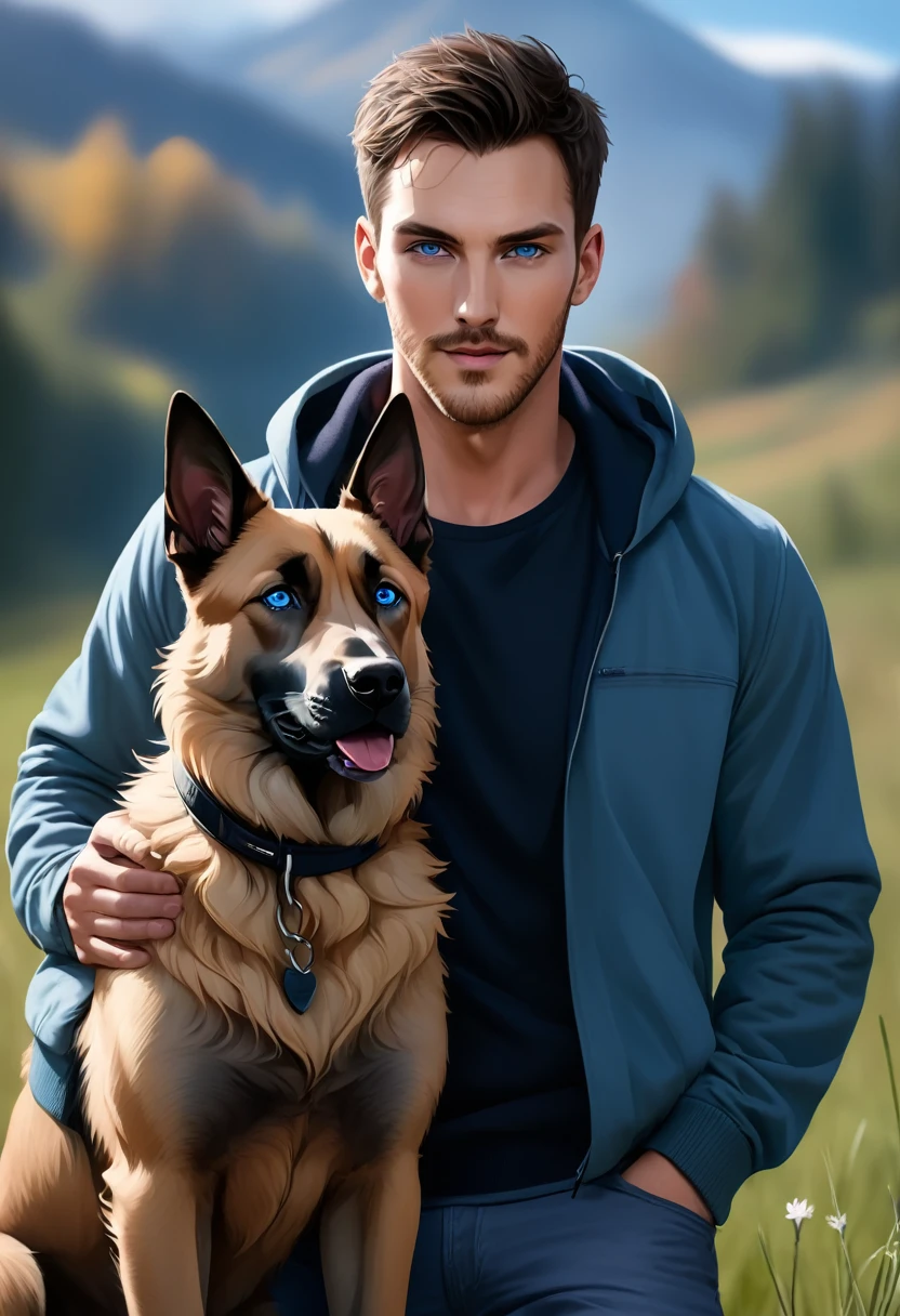  a 34 year old man with hair, dark, short, blue eyes and gorgeous like Chris Wood with a large Belgian Malinois dog, wearing casual clothing, but guys
