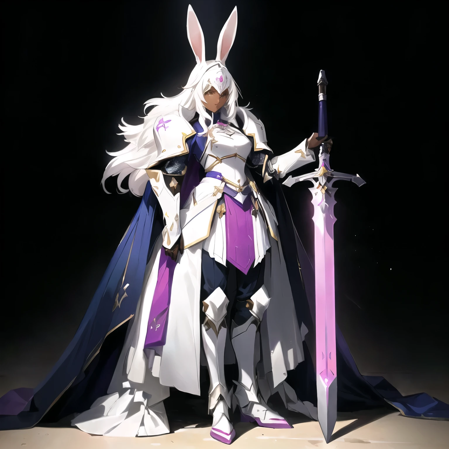 anime character dressed in white and purple outfit holding a sword, rabbt_character, rabbit warrior, cushart krenz key art feminine, official character art, bunny with helmet and sword, full portrait of magical knight, knights of zodiac girl, portrait knights of zodiac girl, ( ( character concept art ) ), from arknights, female knight, epic exquisite character art, dark skin