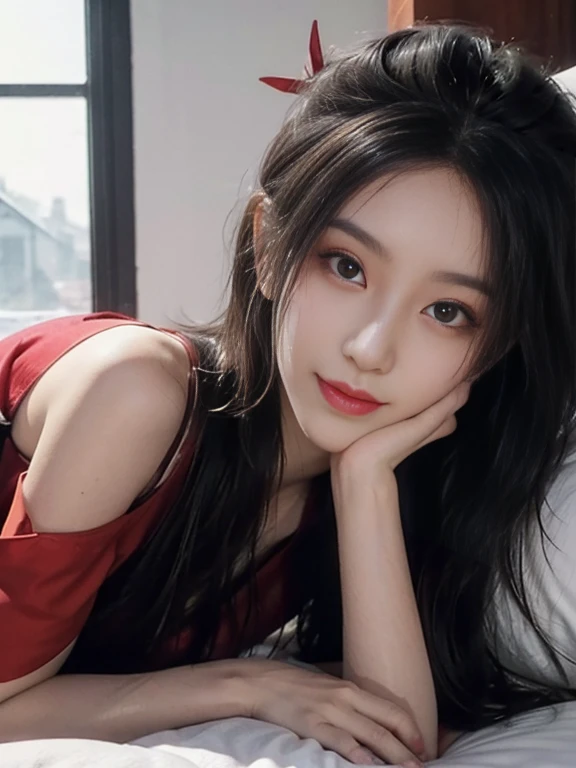 high-definition images, atmospheric perspective, 8k, super detail, accurate, best quality, studio portraits shoot ,a woman singer,drooping eyes,l, blush, in the studio, model for photoshoot, posing , studio scene background, dark , flashlight on , ((bo bc hair)), Red flag yellow star
