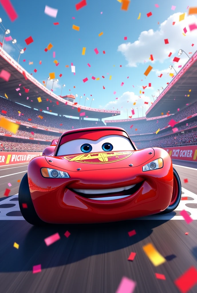 Lightning McQueen wins the Piston Cup and confetti falls from the sky