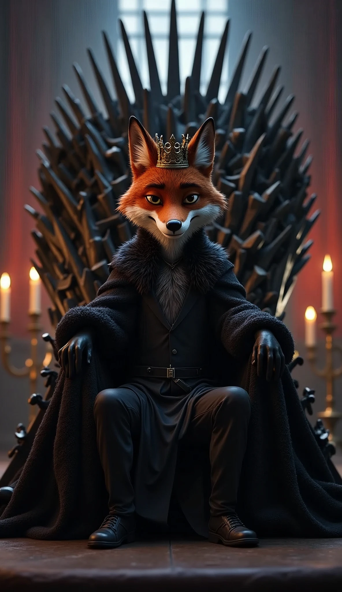 a screengrab from Disney movie "Zootopia", a dark fox is the main character. He is the king of the seven kingdoms and he sits in the iron throne. He has dark brown fur, almost black. He is good looking, he has brown eyes and wears a crown. He looks threatened and angry