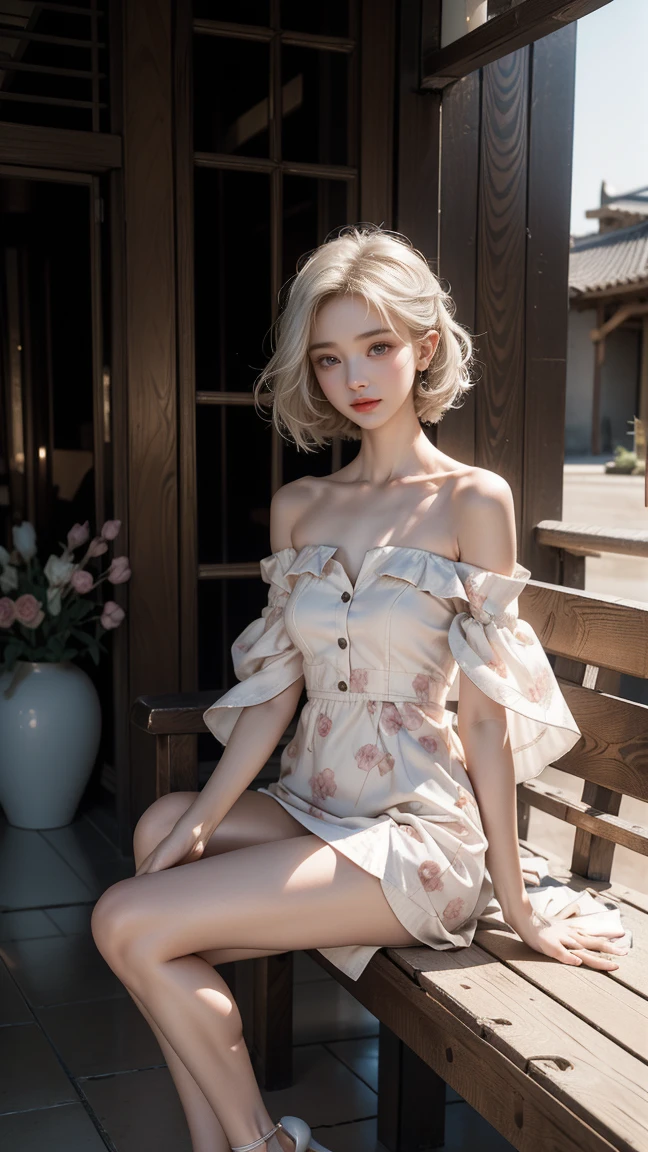 ((A woman sitting on a bench on the balcony of an ancient city)),(Sitting with legs crossed),(Long legs)、(White high heels)Heterochromia iridis,Silver-haired,High resolution free,(半透明Off-the-shoulder white floral dress)、(Wind blows my skirt)、Highest qualityの作品,Actual work,Ultra Premium Graphics,8K HD CG Works,High Quality Graphics,High-definition CG works,10x pixels,Extremely fine detail:1.1,Advanced Technical Details:1.1 Photorealistic,Natural light:1.5、((Golden White Short Hair))、(Bob Hair)、Thin eyebrows、High nose、Nice red lips、Rose Cheeks、Face with Subtle Makeup、Cute Face、Perfectly balanced face、()、Bright Toned Foundation Enhances Skin Transparency。、、(Off-the-shoulder white floral dress)). 40k、photograph、Tabletop、Highest quality、((1 Beautiful Eyes、bright hair、White skin、 Mr.々Pose。((Medium chest、:1.1))、Highest quality、Tabletop、Ultra-high resolution、(Real:1.4)、RAWphotograph、(Perfect Figure)、(slim:1.3)、slimな腹部、パーフェクトslimフィギュア、Dynamic Pose、One person、Cold light 12000K、Very detailedな顔と肌の質感、Fine particles、Realな目、美しいFine particles、(Realな肌)、Charm、Ultra-high resolution、Surreal、Very detailed、