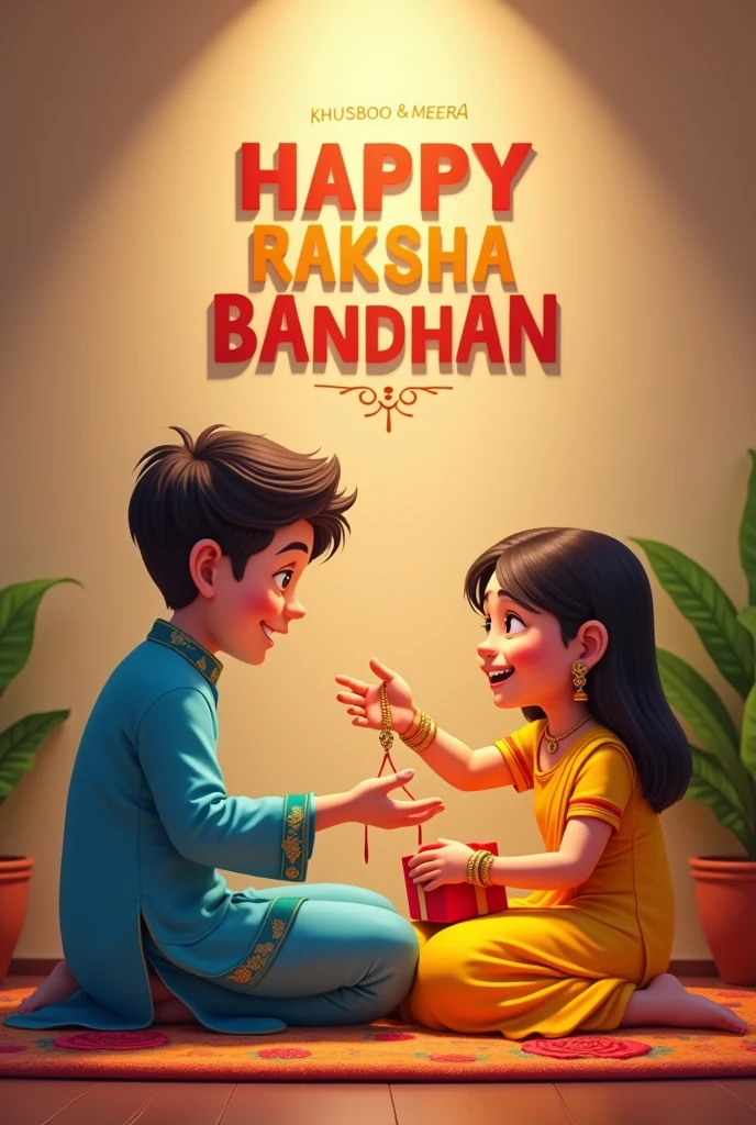  A realistic 20 year old Cute boy and girl are sitting face to face on a colorful mat in the home lobby, the boy has extended one of his hand forward And Girl tying Rakhi on brother’s hand. boy is wearing a Blue colored kurta And the girl is wearing a yellow Lahenga, boy has a gift box in his other hand, is smiling, girl has applied tilak on his forehead, and on the wall in bold letters “HAPPY RAKSHA BANDHAN” “KHUSHBOO & MEERA” It is written, 4k image