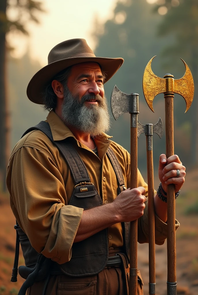A picture of someone offering a woodcutter three axes - one of gold, one of silver, and one of iron. The woodcutter is happily accepting the axes.