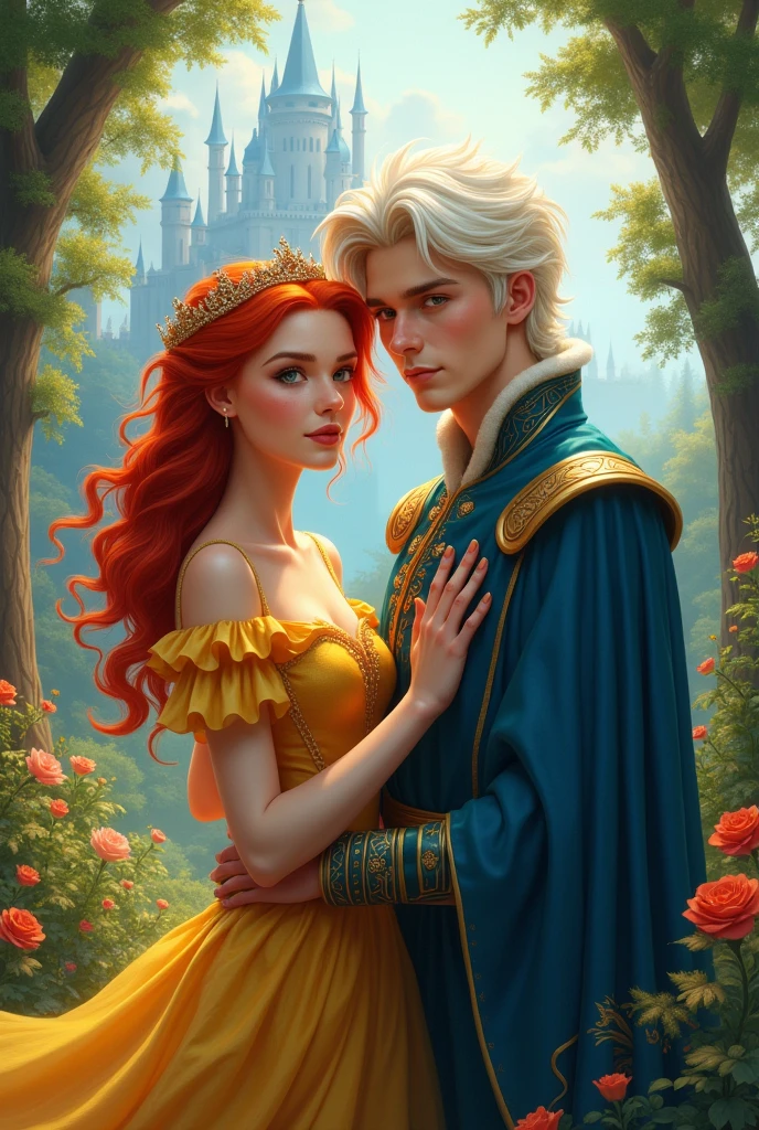 A couple. A queen with red hair wearing a yellow dress., and he is a king with big white hair dressed in blue. The couple are young, she is 20 and they are 21. Behind them is a colorful forest with a castle. 

