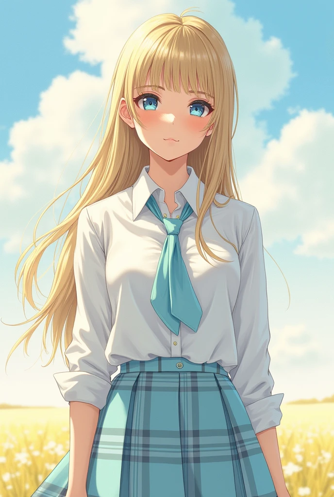 masterpiece, {{best quality}}, {{1girl}}, solo, full body, {{{{{finely detailed eyes and detailed face}}}}}, {{illustration}}, field of depth, {{extremely fine and beautiful}}, {{{{white knot shirt + pale blue loose necktie + pale blue plaid skirt}}}}, blunt bangs, {{{{blonde long straight hair}}}},