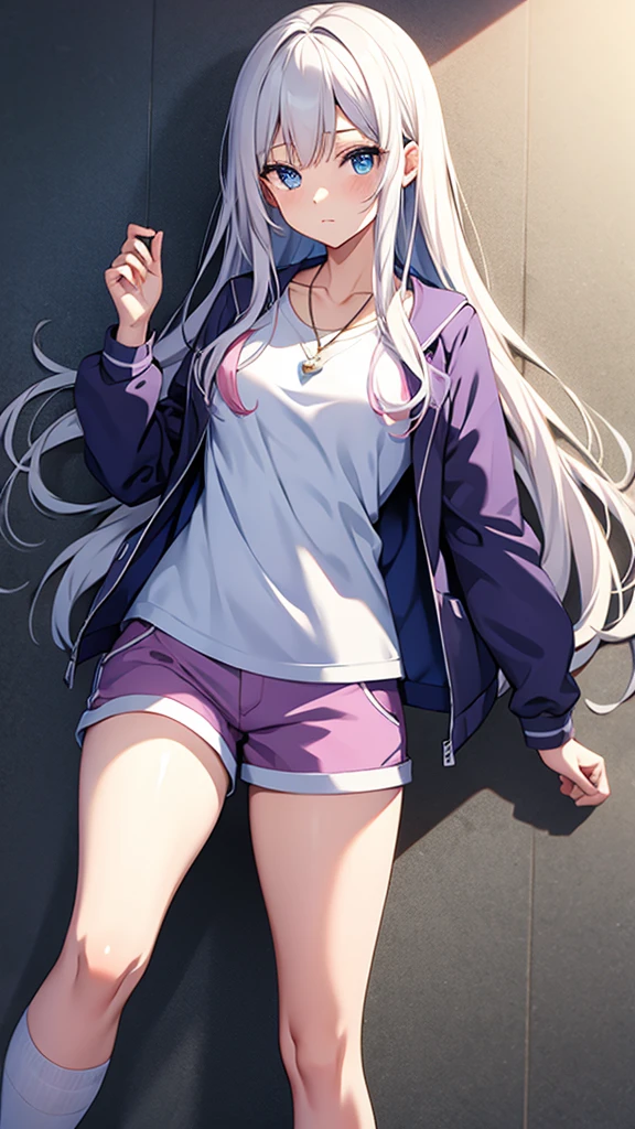 masterpiece, ultra HD, high-resolution, detailed, (highly detailed:1.5), (sharp focus:1.4), (crisp edges:1.3), 1girl, kiana kaslana \(honkai impact 3rd\), herrscher of finality, silver hair, ahoge, ponytail, very long hair, blue eyes, medium breast, skinny skin, blush, closed mouth, heavy breathing, (sports uniform:1.6), (sporty bag:1.5), (purple varsity jacket:1.6), (white button-up shirt:1.4), 