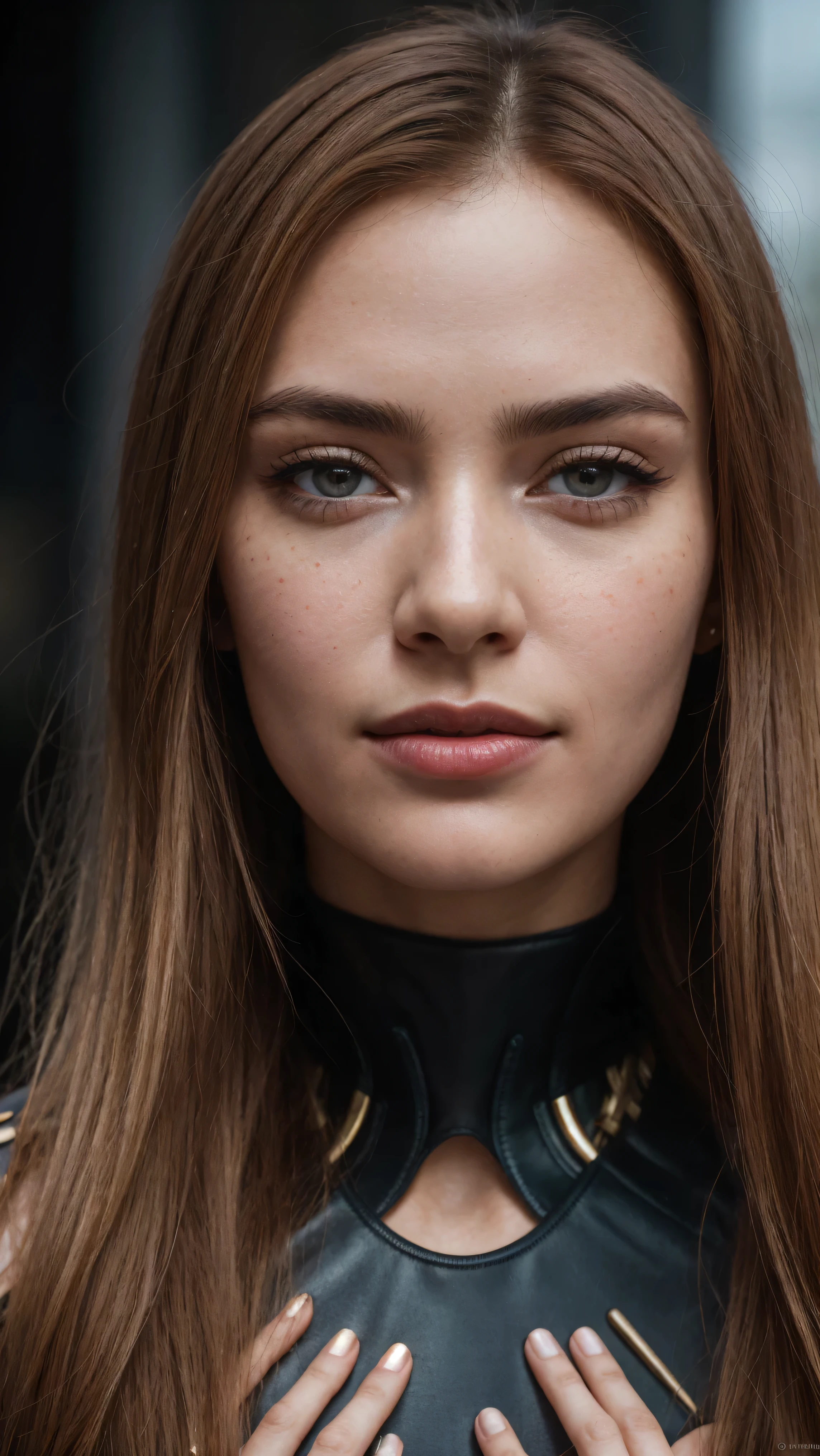 a woman with red hair, hyper-realistic skin, shiny/glossy, modern jewelry, gongbi, portraiture, dark teal and light gold, tropical landscapes, Face portrait photo oF a 21 Year-old German woman, .raw, beautiFul woman, half strawberry lips, strawberry lipstick, Fossettes, big breast, realistic close-up, cheesy smile, high heels, nostalgic look, detailed light brown eyes, great student, thin eyelashes, (Brown extra long blond hair), ((detailed Face)), ((detailed Facial Features and skin texture)), (Finely detailed skin), light brown skin, (Deep neckline detailing high-tech cyberpunk dress), Cyberpunk big city environment, (cold colors), moist, moist, reFlections, (masterpiece) (height ratio / perfect width) (photo realist) (best quality) (detailed) Shot with Canon EOS R5, ObjectiF 50mm, F/2.8, human development report, (8k) (wallpaper) (light) (Dramatic Light) (sharp focus) (complicated), sharp details, skin detail sharpness,