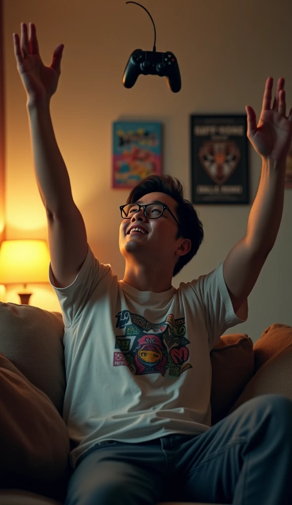 photorealistic, best quality, masterpiece, extremely detailed, ((side view)), slightly chubby, 30 year old borneo man, no facial hair, glasses, wearing 8bit graphic tshirt, throws a video game console controller up into midair, both arms in the air, celebrating, sitting on couch, in masculine bedroom, movie posters on the wall, extremely romantic atmosphere, perfect face, perfect fingers, perfect hands, perfection