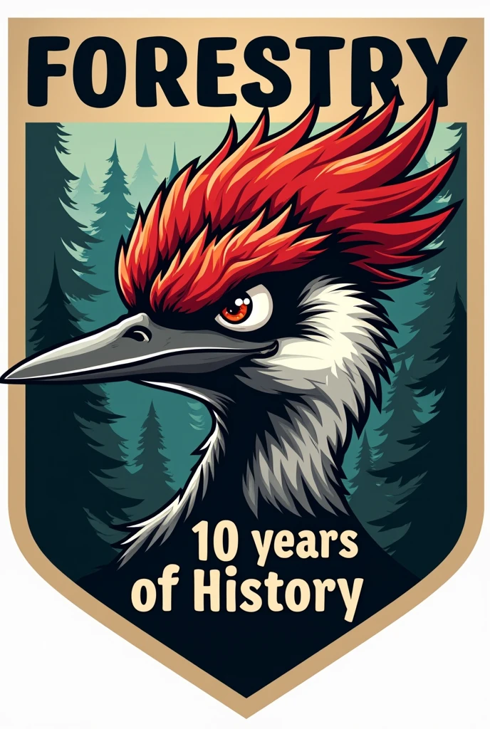 A cartoon illustration of a woodpecker's face, with an aggressive visual, to be used as a vest patch for a forestry engineering athletic team. Put trees in the background and make an illustration in darker tones. The illustration must contain the writing "Forestry" above the woodpecker, and the writing "10 years of History" below the woodpecker