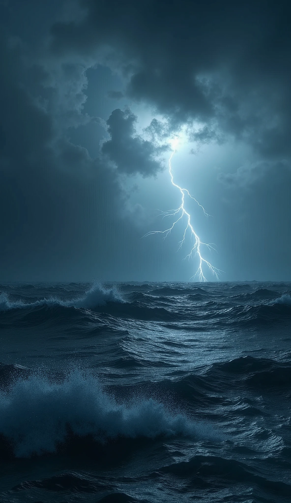 A dark ocean with a lightning strike in the distance, cinematic, scary, nighttime, photorealistic, hyperreal, realism, Unreal Engine, Octane Render