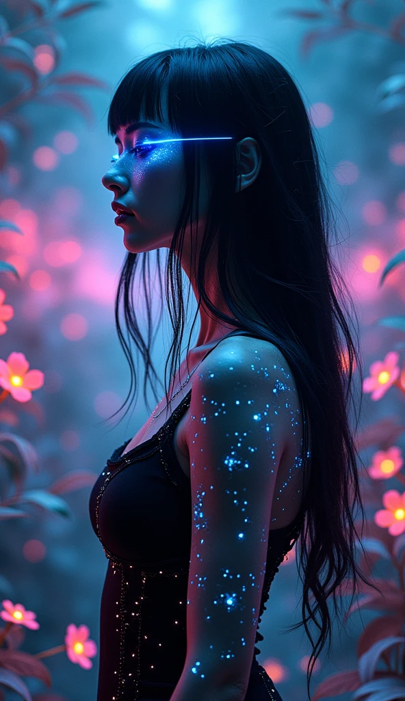 Futuristic, Glowing otherworldly woman, Neon Black Features. Her eyes and hair radiate brilliance, Dark glow, Blend seamlessly with your surroundings. Stage is a magical digital forest, Holographic plants and flowers pulsate with soft light, Ethereal black light. Her skin is slightly reflective, Constellation-inspired shimmering patterns. She stands gracefully among glowing plants, Her expression is serene and curious, Embodies the mystique of a cyber fairy in a surreal form, Neon illuminated landscape."
