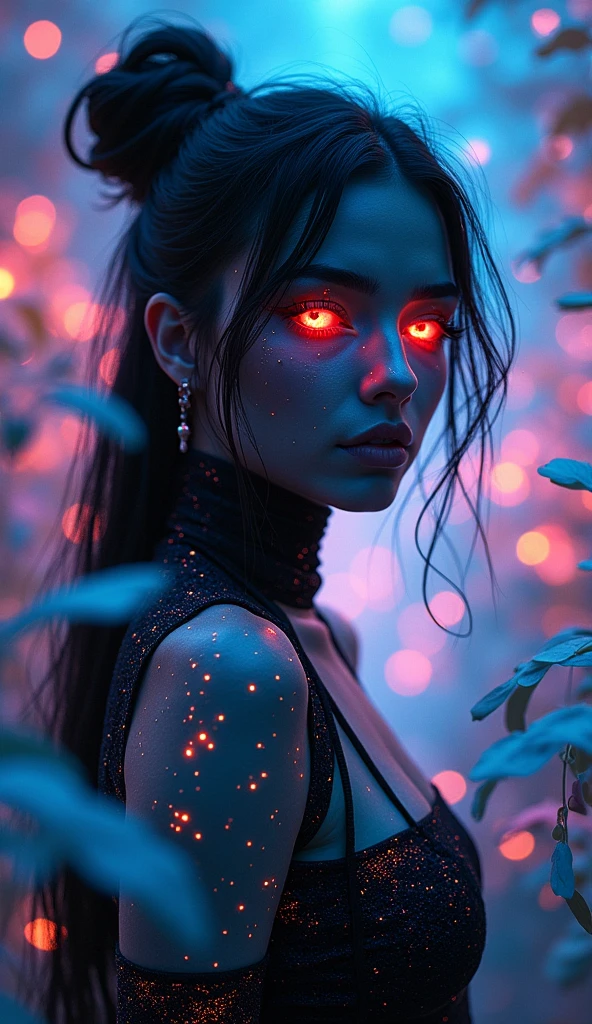 Futuristic, Glowing otherworldly woman, Neon Black Features. Her eyes and hair radiate brilliance, Dark glow, Blend seamlessly with your surroundings. Stage is a magical digital forest, Holographic plants and flowers pulsate with soft light, Ethereal black light. Her skin is slightly reflective, Constellation-inspired shimmering patterns. She stands gracefully among glowing plants, Her expression is serene and curious, Embodies the mystique of a cyber fairy in a surreal form, Neon illuminated landscape."

 