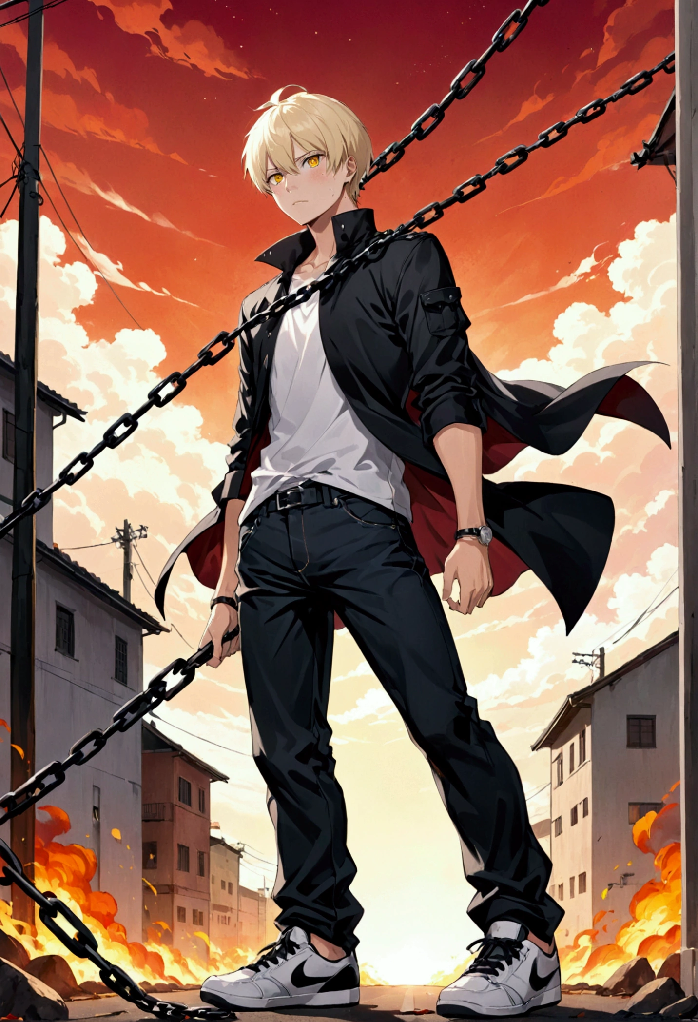 Anime boy with white Blonde hair and Freckles in front of a red sky, ken kaneki, best anime 4k konachan wallpaper, kaneki ken, trigger anime artstyle, badass anime 8 k, tall anime guy with yellow eyes, 4k anime wallpaper, anime wallpaper 4k, anime wallpaper 4 k,Yellow tennis shoes, white shirt, black jeans Chained 
