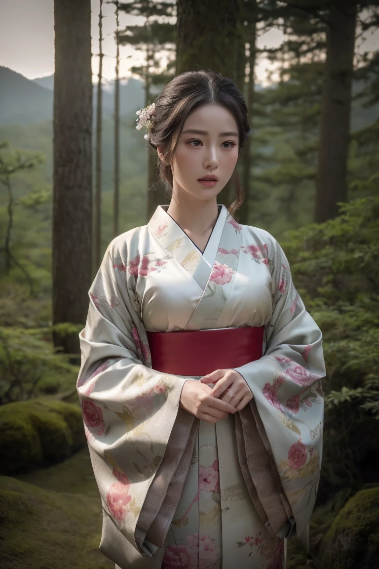 Beautiful woman、Japanese tradition、kimono、Spectacular views、Suspicious atmosphere、Cinematic atmosphere、(best quality,4K,8K,highres,masterpiece:1.2),ultra-detailed,(realistic,photorealistic,photo-realistic:1.37)、Dim lighting、whole body、forest、forest、Dim lighting、(looking at viewer),Realistic、Like live action、Cinematic film