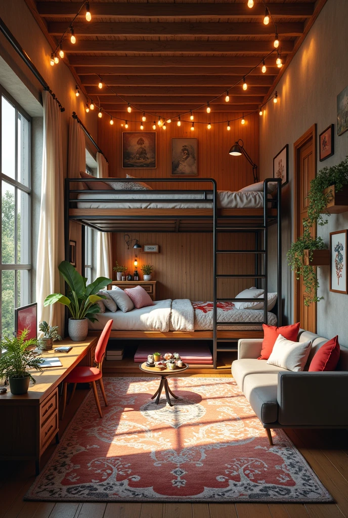you can create an image of a magical bedroom for two people with a metal bunk bed, that has a small room at the entrance with a sofa and a 55-inch television on the wall and inside is the bunk bed, two desks with chairs and laptops and two closets and shelves to put the shoes and a bedside table with an alarm clock and that there are windows and mirrors and a bathroom, where there is a washer dryer, an ironing board and a vacuum cleaner