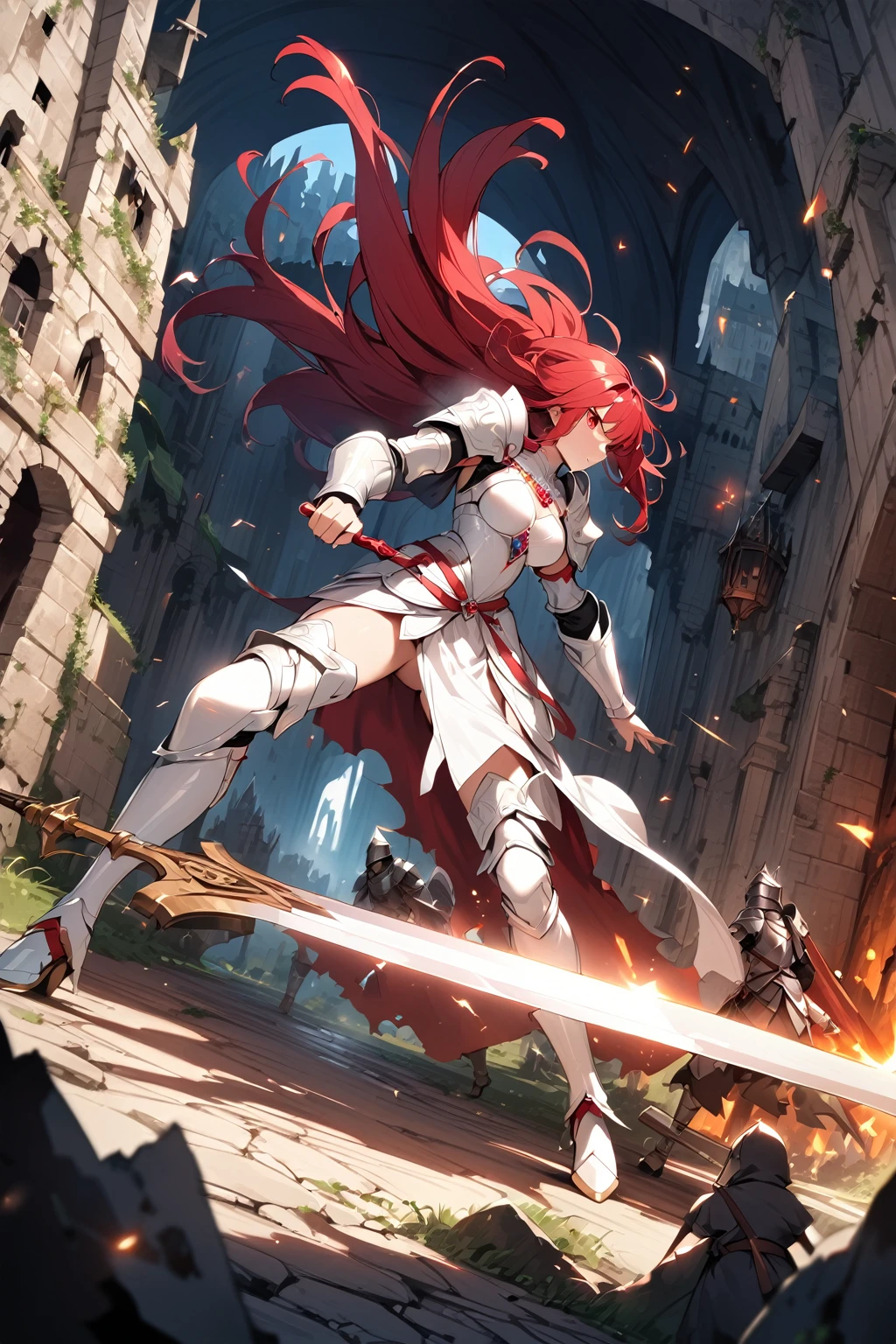 4k,hight resolution,One Woman,Bright red hair,Longhaire,red eyes,knights,white sacred armor,jewel decorations,Big sword,medieval town,furious,((dark cave,ruin place)),dynamic pose,dynamic angle,