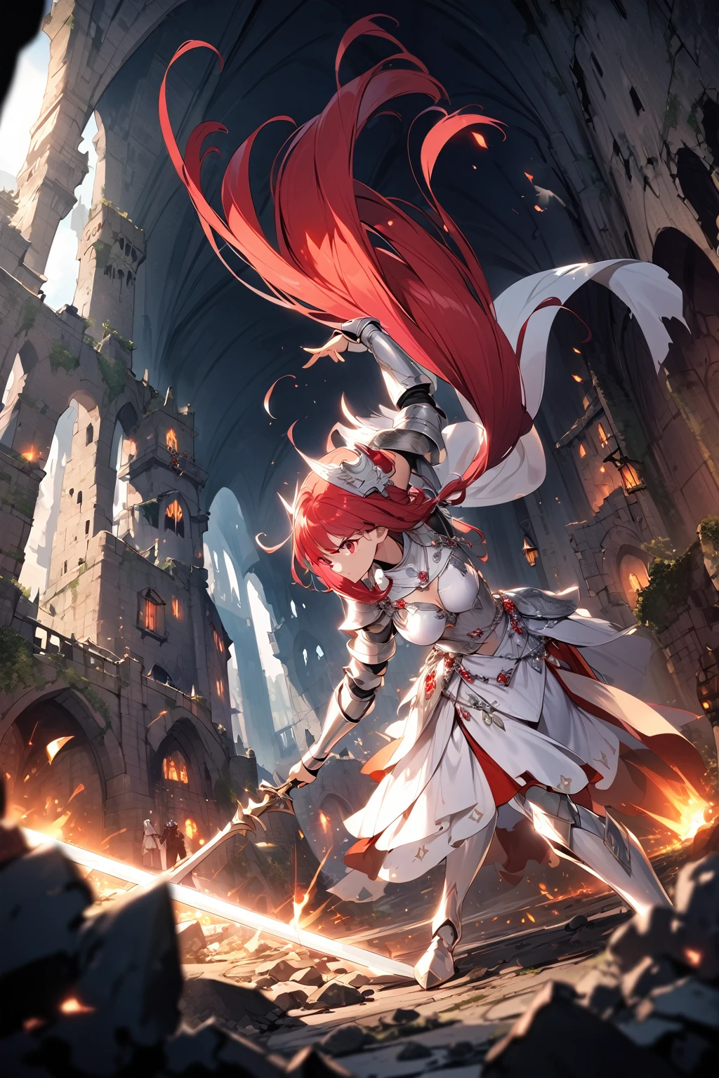 4k,hight resolution,One Woman,Bright red hair,Longhaire,red eyes,knights,white sacred armor,jewel decorations,Big sword,medieval town,furious,((dark cave,ruin place)),dynamic pose,dynamic angle,