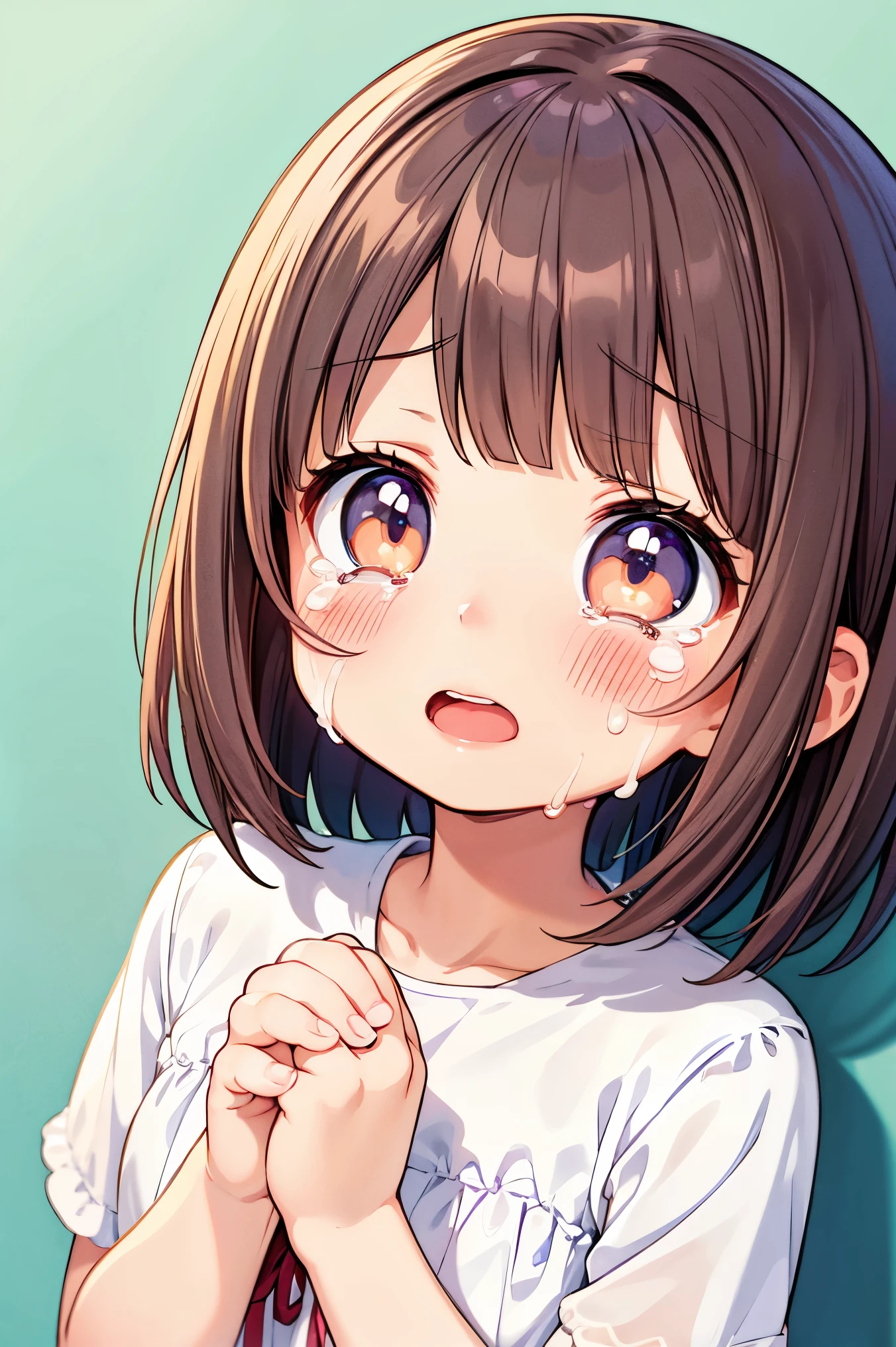 Beautiful illustration, best quality, cute girl, ((Close up to face)), ((Average wall as background)), ((Crying)), pastel color, natural tones, ((Dark hair)), ((Looking at viewer)), ((Slim body)), ((Open mouth)), (Blush), bright lighting, ((Big eyes)), ((Sad)), ((Perfect hands))