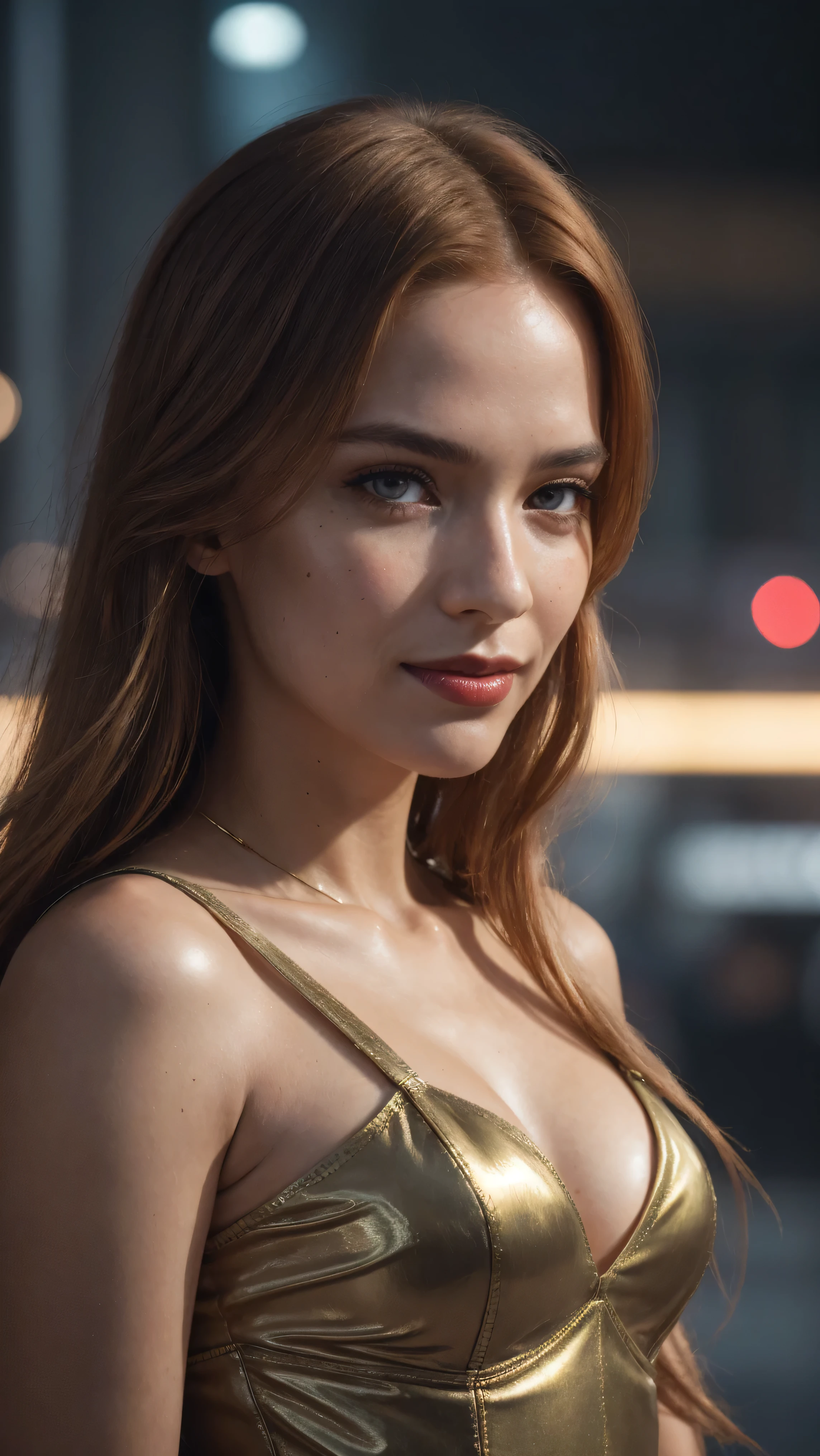a woman with red hair, hyper-realistic skin, shiny/glossy, modern jewelry, gongbi, portraiture, dark teal and light gold, tropical landscapes, Face portrait photo oF a 21 Year-old German woman, .raw, beautiFul woman, half strawberry lips, strawberry lipstick, Fossettes, big breast, realistic close-up, cheesy smile, high heels, nostalgic look, detailed light brown eyes, great student, thin eyelashes, (Brown extra long blond hair), ((detailed Face)), ((detailed Facial Features and skin texture)), (Finely detailed skin), light brown skin, (Deep neckline detailing high-tech cyberpunk dress), Cyberpunk big city environment, (cold colors), moist, moist, reFlections, (masterpiece) (height ratio / perfect width) (photo realist) (best quality) (detailed) Shot with Canon EOS R5, ObjectiF 50mm, F/2.8, human development report, (8k) (wallpaper) (light) (Dramatic Light) (sharp focus) (complicated), sharp details, skin detail sharpness,