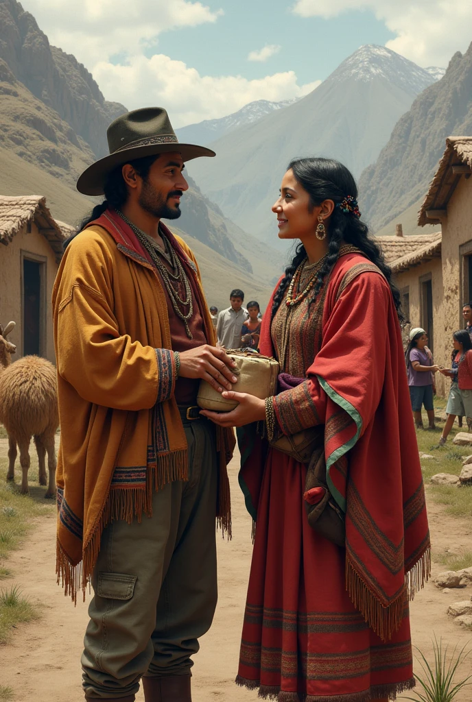 Make a picture about a couple , They provide help to the most needy people in the village, Peruvian Sierra 1890