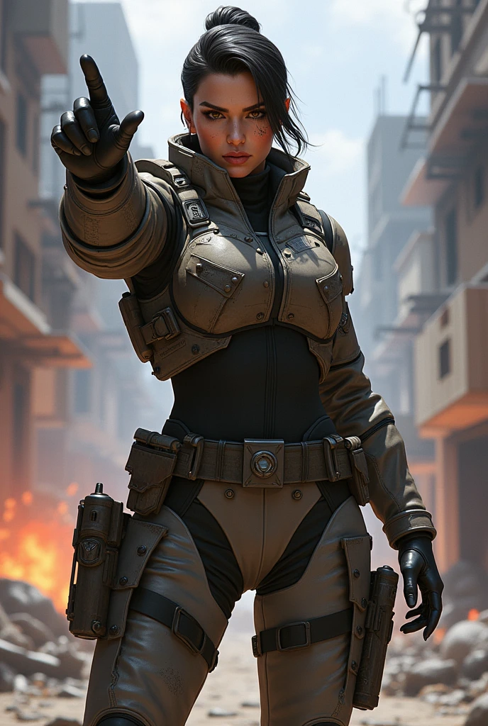 Create an image of Captain Amari from Overwatch pointing 