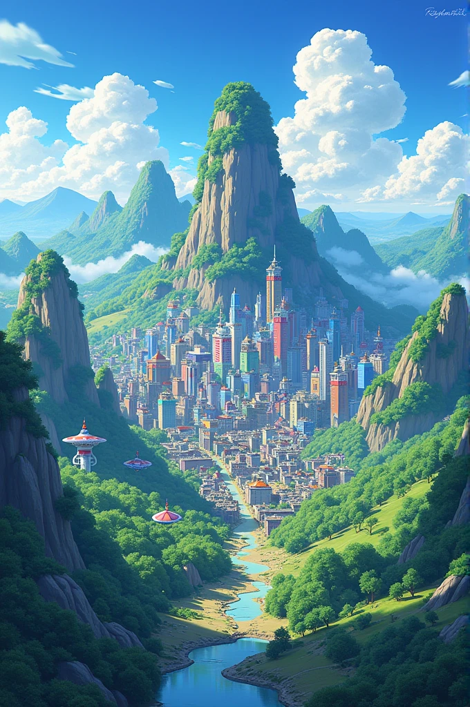 Make a landscape where there is a city and it is anime type