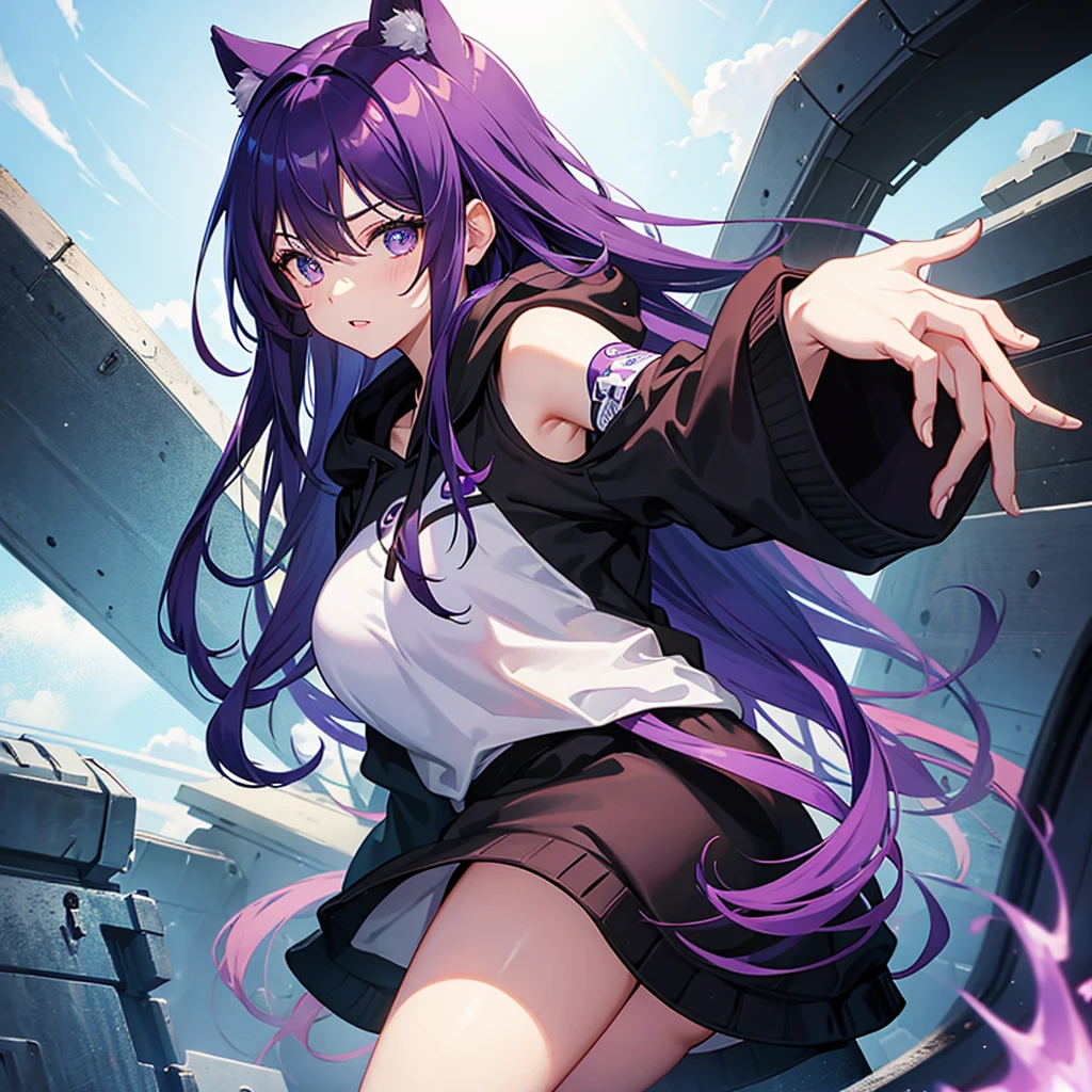 A wearing a black hoodie has long, purple hair and her eyes are purple and red