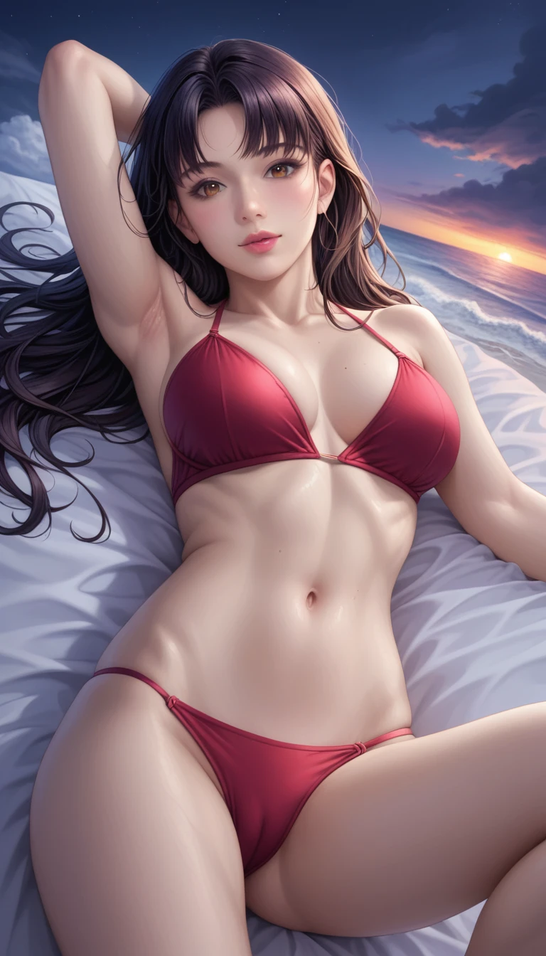 score_9, score_8_superior, score_7_superior, High-resolution CG illustration,A masterpiece in 32K resolution,Highest quality,it is really amazing,Very detailed,Ultra-high resolution,Ultra-realistic,Realistic,Increased depth of field,Cinematic lighting,
Sexy mature Japan woman,
Straight long hair with black hair,Ultra-detailed and beautiful face,Calm and gentle look,Beautiful brown eyes,Translucent white skin,Realistic skin texture,Great proportions,
Elegant red swimsuit,
Simple design,Chic color scheme based on red,Detailed fabric texture,
(Dark overcast sky on a dull night:1.1),(Dark clouds filling the sky:1.1),Thundercloud,Coastline at night,Stormy seas,delay々A desolate sandy beach that continues,
(Lying on the sandy beach:1.2),High angle,