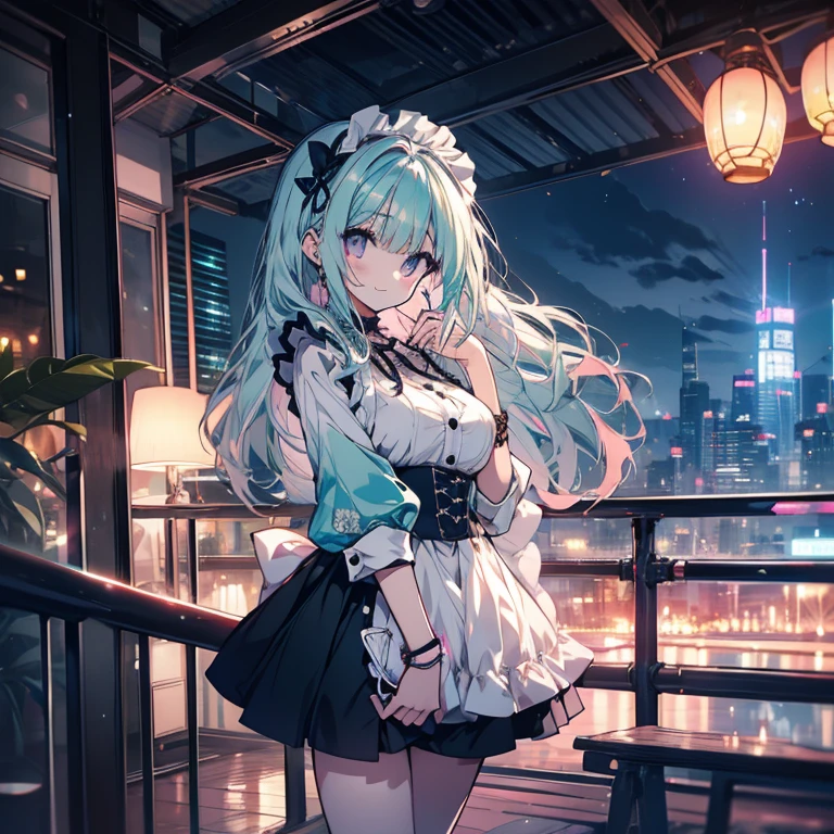 1 person、Mature、Ample breasts、Long Hair、Curly Hair、Mint green hair、Light purple hair、Light blue hair、Mixed color hair、Pink Eyes、Trimmed bangs、Hime cut、Maid clothes、Goth、Miniskirt、A seductive smile、Juice in one hand、City of night、All black outfits、Downtown、Night view、sit、High resolution、Highest quality