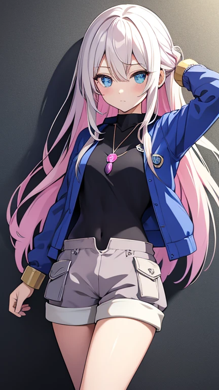 Mio_Yowane(Original Character), 1girl, Long hair, Blue eyes, white hair, Pink T-shirt, Open grey jacket , purple shorts, White stockings above the knee , necklace with a red pearl