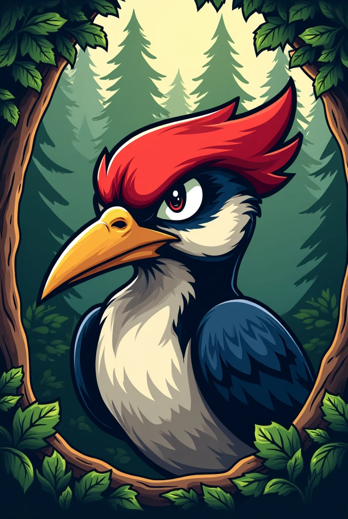 A cartoon illustration of a woodpecker's face, with an aggressive visual, to be used as a vest patch for a forestry engineering athletic team. Put trees in the background and make an illustration in darker tones. The illustration must contain the writing "Forestry" above the woodpecker, and the writing "10 years of History" below the woodpecker