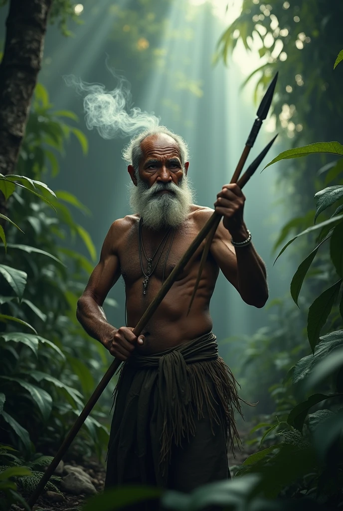 ( photo realism 1.2) photo realistic high detailed 4 old native  hunting with spear in the jungle dark background  Malaysia jungle smoke effect dramatic view cinematic view 